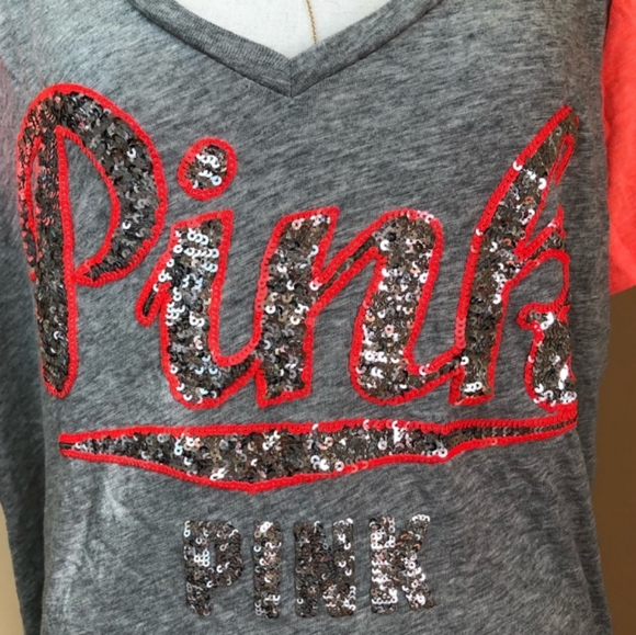 PINK Victoria's Secret Bling Sequin Heather Gray Orange Perfect Tee NWT Large - Picture 7 of 9